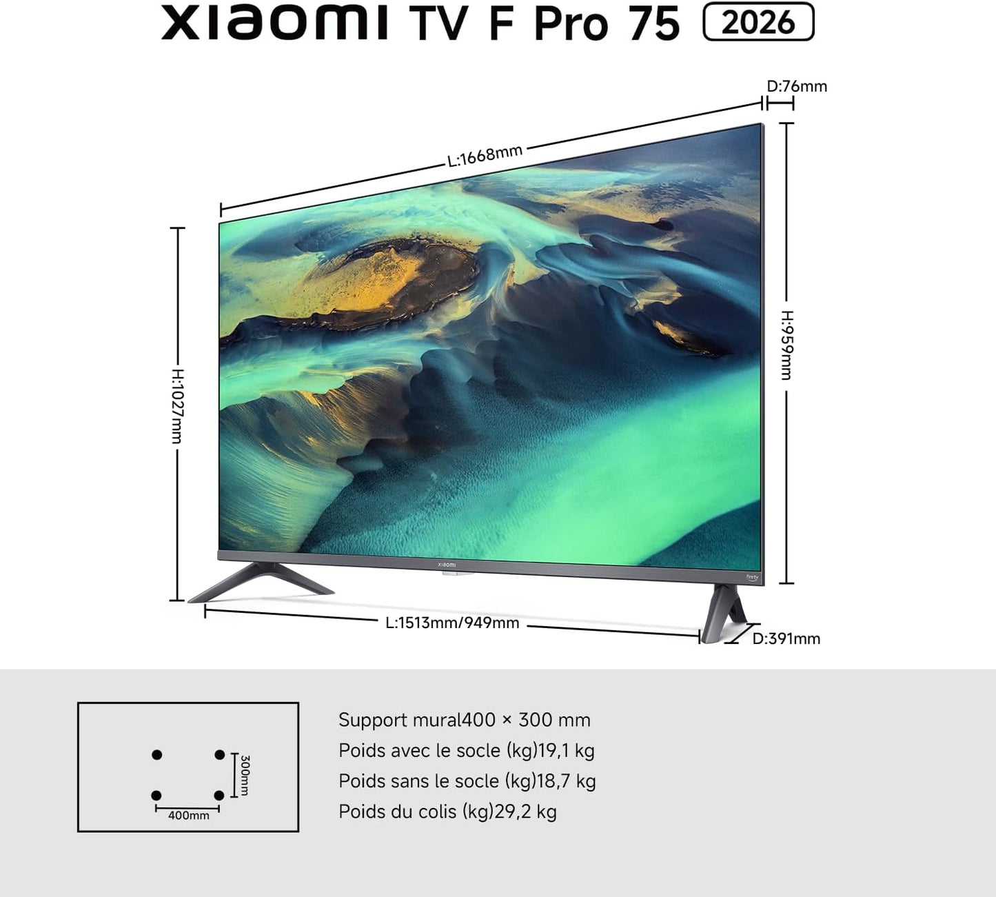 XIAOMI TV F Pro 75, 190 Cm (75 Pouces), 4K UHD QLED, Smart TV, Fire OS8, Contrôle Vocal Alexa, HDR10+, 60Hz Avec 120Hz Game Boost Mode, MEMC, 2Go+32Go, Compatible Avec Apple Airplay