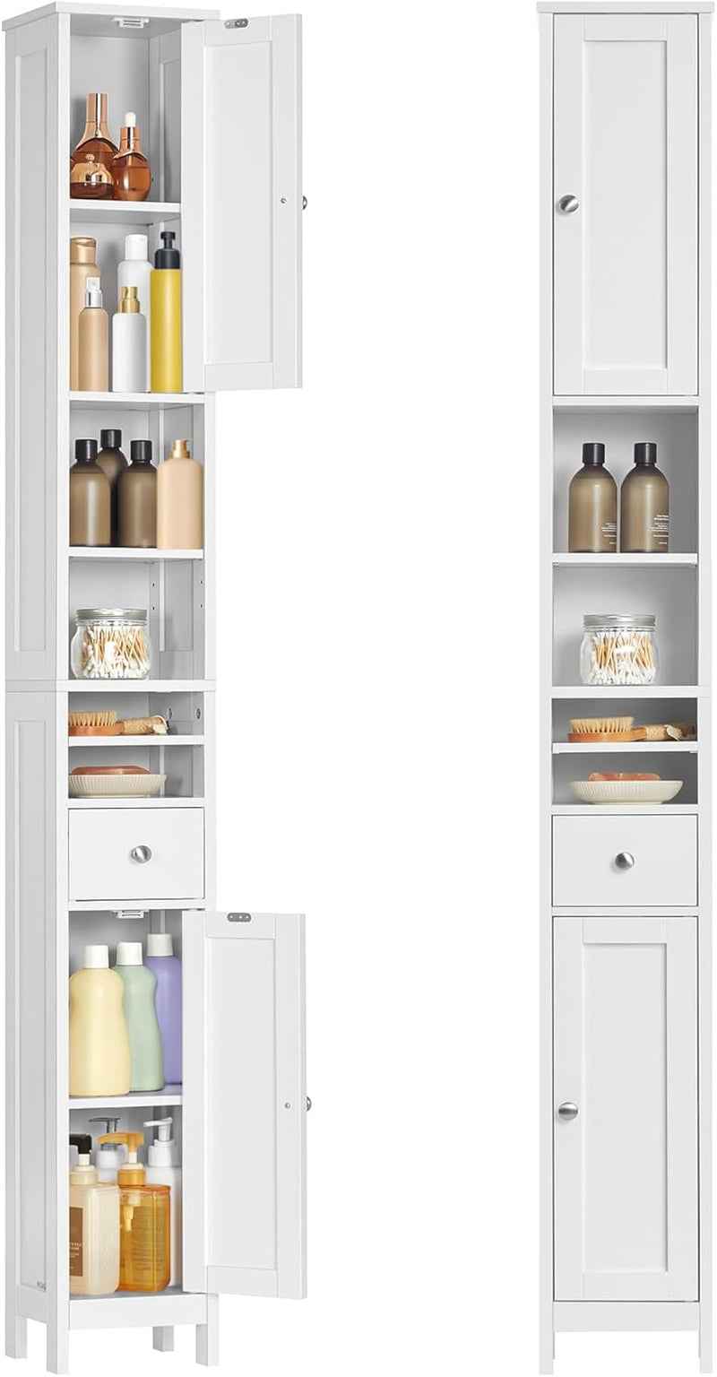 Colonne Salle De Bain Haute, Meuble Salle De Bain Etroit, Avec Étagères Réglables, Tiroir, Compartiments Ouverts, Pour Les Petits Espaces, Moderne, Blanc Nuage BBC765W01