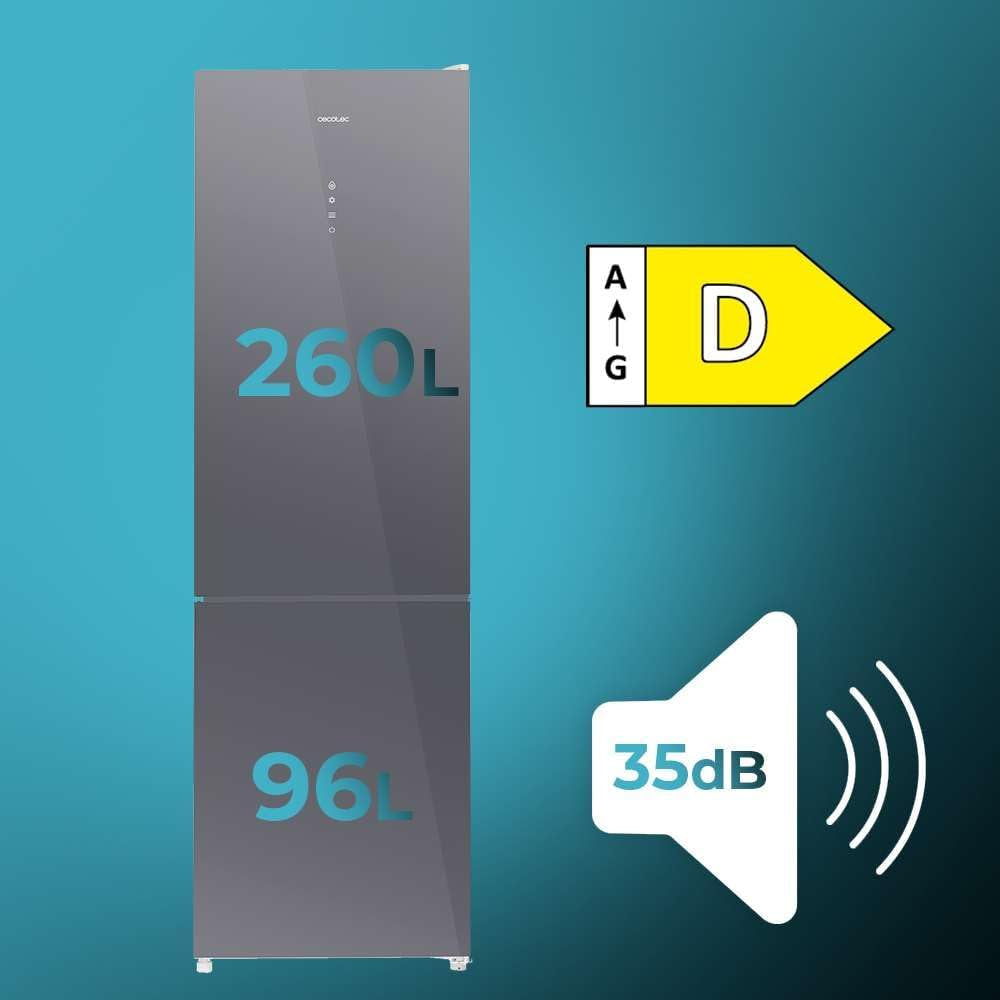 Réfrigérateur 256 L Bolero Coolmarket Combi 356 Glass Grey D, Classe D, Économie D'Énergie, Mode Vacances, Multi Airflow, No Frost Total, Humidity Box Et Crisper Box.