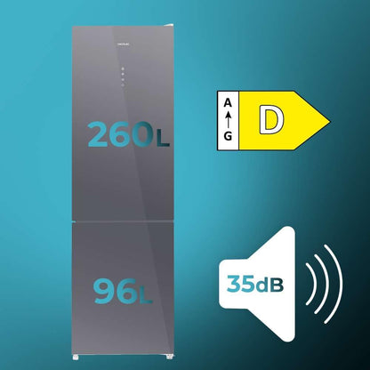 Réfrigérateur 256 L Bolero Coolmarket Combi 356 Glass Grey D, Classe D, Économie D'Énergie, Mode Vacances, Multi Airflow, No Frost Total, Humidity Box Et Crisper Box.
