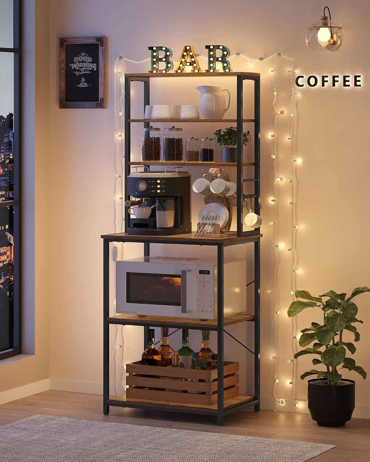 Étagère De Cuisine, Étagère Pour Machine À Café, 6 Étagères Et 6 Crochets, Pour Four À Micro-Ondes, Cadre En Acier, Style Industriel, 40 X 60 X 167 Cm, Marron Rustique Et Noir KKS024B01