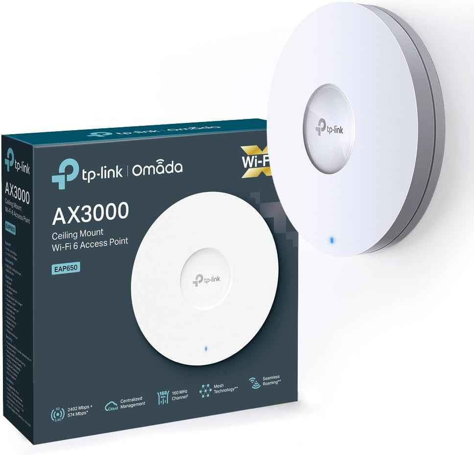 Omada Point D'Accès Wifi 6 Plafonnier AX3000 Mbps, EAP650 | Port Gigabit Poe+, Gestion Simplifiée via L'Application Omada, Omada Mesh, Idéal Pour Bureaux, Hôtels/Commerces