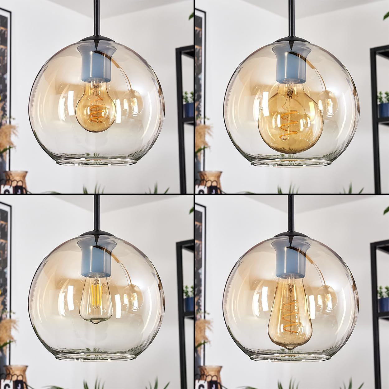 Koyoto Suspension À 3 Ampoules En Métal/Verre Noir/Ambre/Transparent, Suspension Moderne Au Design Rétro/Vintage (Abat-Jour Ø 20 Cm), E27, Salle À Manger, Salon, Cuisine
