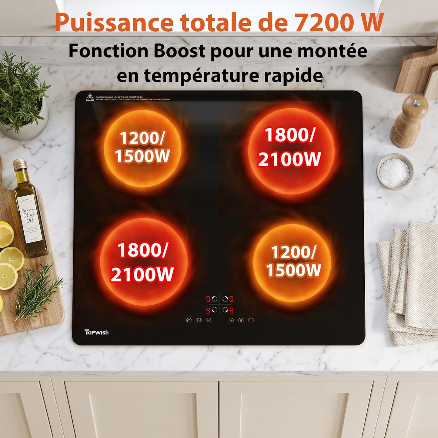 Plaque Induction, Plaque Induction 4 Feux, 7200W | Plaque De Cuisson Electrique, Con Verrou De Sécurité, Boost, Voyant De Surface Chaude, Protection D'Extinction, Timer, 60Cm