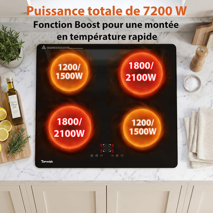 Plaque Induction, Plaque Induction 4 Feux, 7200W | Plaque De Cuisson Electrique, Con Verrou De Sécurité, Boost, Voyant De Surface Chaude, Protection D'Extinction, Timer, 60Cm