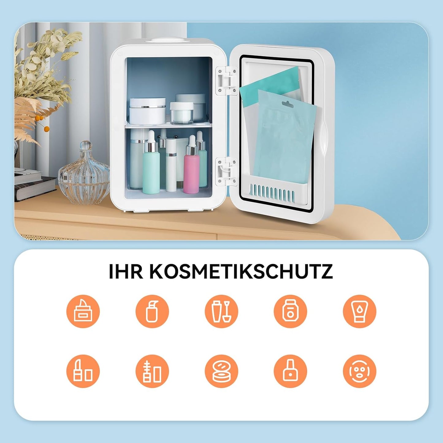 Mini Frigo 8L Avec Miroir LED, Mini Réfrigérateurs Portable, Petit Frigo Cosmetique 12V/220V, Frigo De Chambre Avec Fonction Chaud/Froid, Miroir De Maquillage Led Pour Voitures,Blanc
