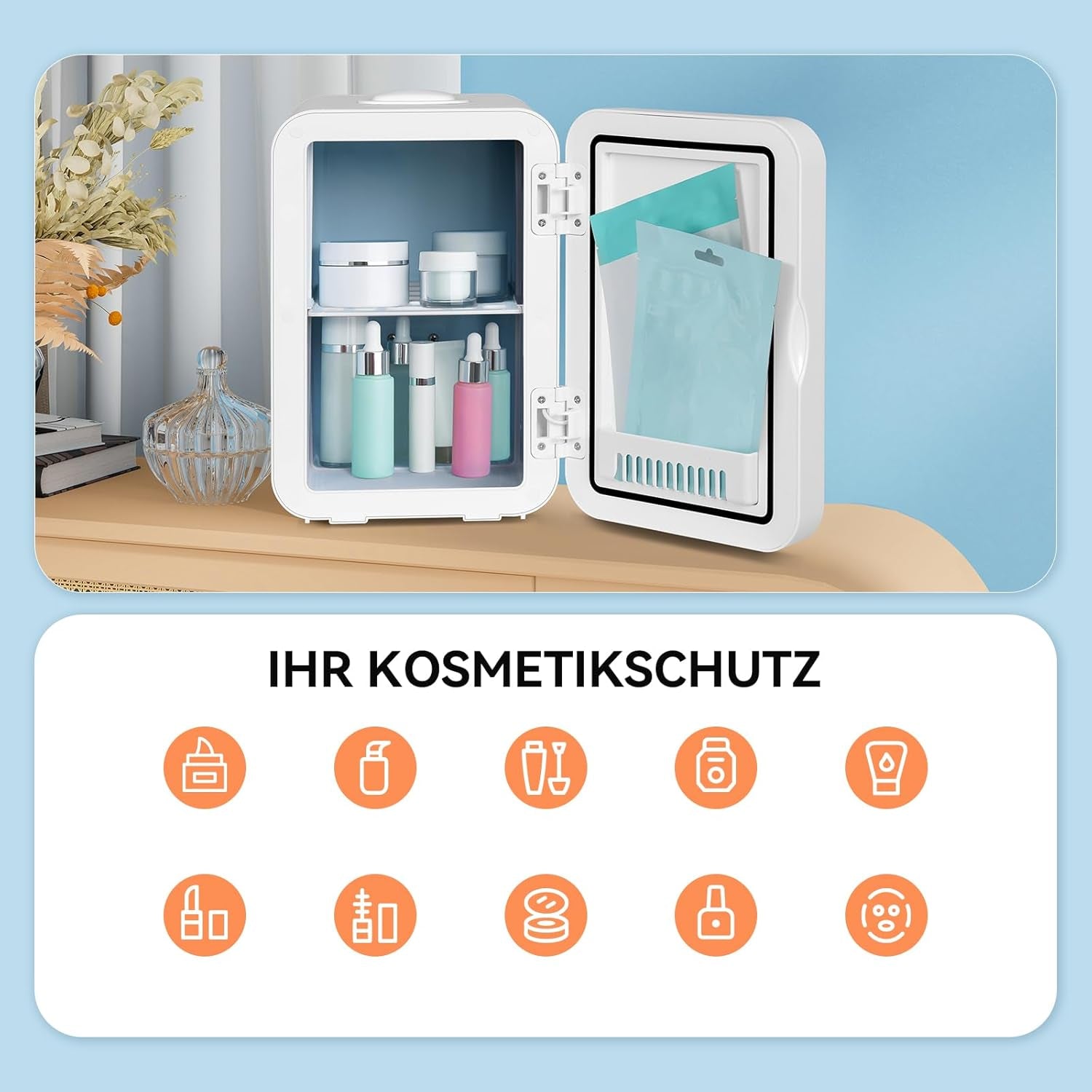 Mini Frigo 8L Avec Miroir LED, Mini Réfrigérateurs Portable, Petit Frigo Cosmetique 12V/220V, Frigo De Chambre Avec Fonction Chaud/Froid, Miroir De Maquillage Led Pour Voitures,Blanc
