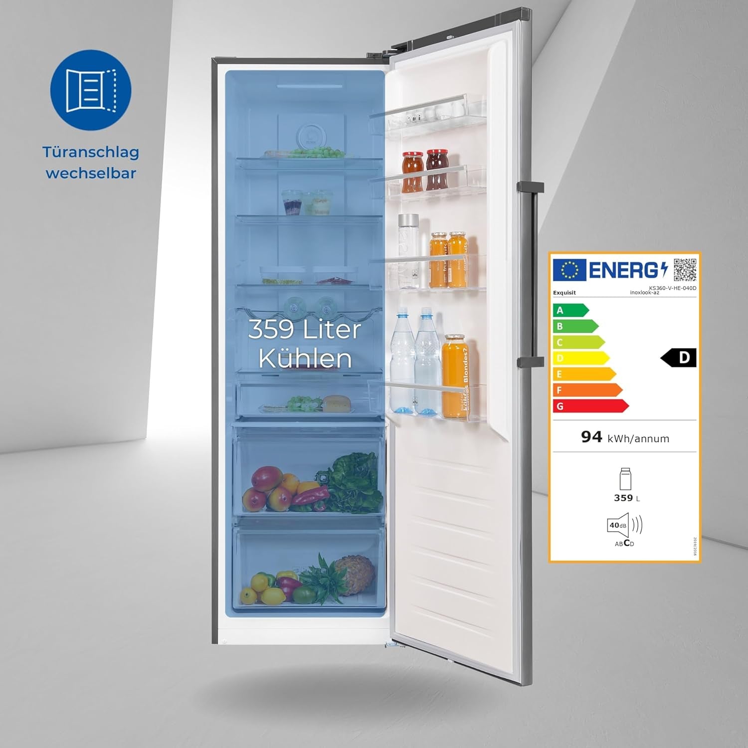 Exquisit KS360-V-HE-040D Kühlschrank, 60 Cm Breit, 359L, Led-Beleuchtung, No-Frost, Inoxlook-Az
