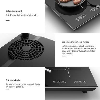 Plaque Induction 2 Feux, Plaque De Cuisson Electrique 220V 3600W, Plaque Vitrocéramique 2 Feux, Capteur LED Tactile, Tables De Cuisson, Verrouillage Enfant, Minuterie, Plaque À Induction Portable