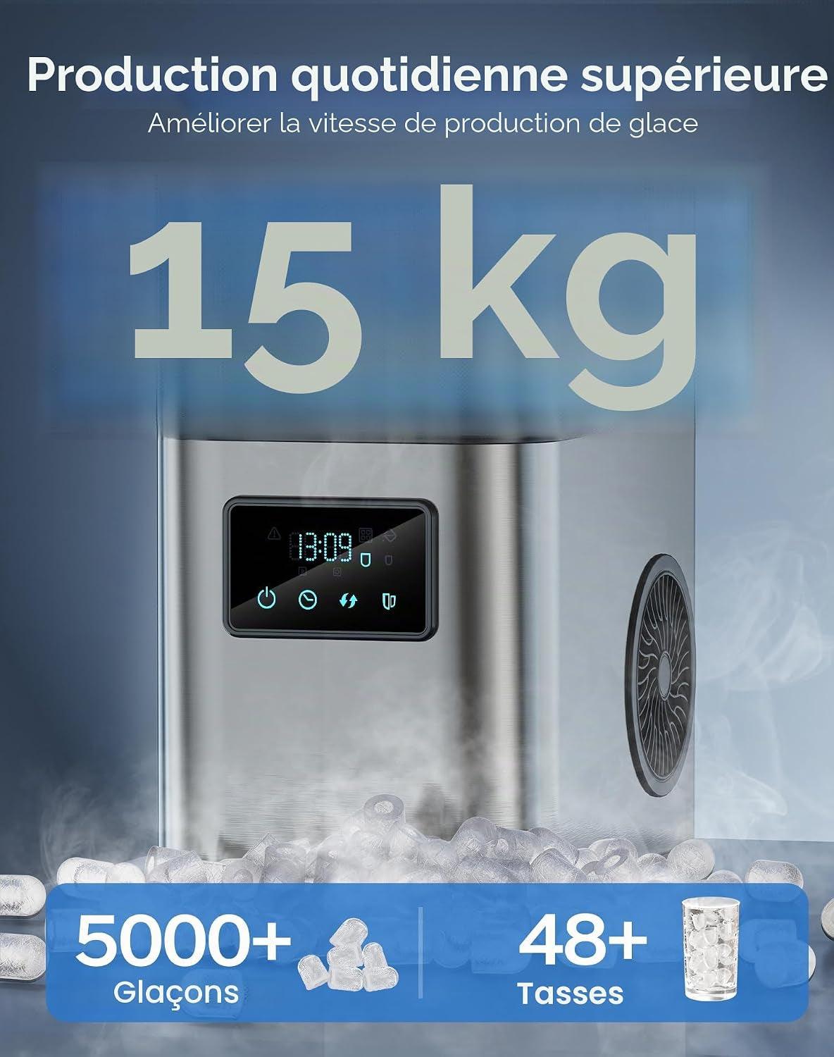 Machine a Glacons 15Kg En 24H, 2 Litres, Avec Écran LED | 9 Glaçons En 6-8 Minutes, 2 Tailles De Glace, Autonettoyante,Silencieux 45 Db,Poignée De Transport,Pour La Maison/Camping/Bar