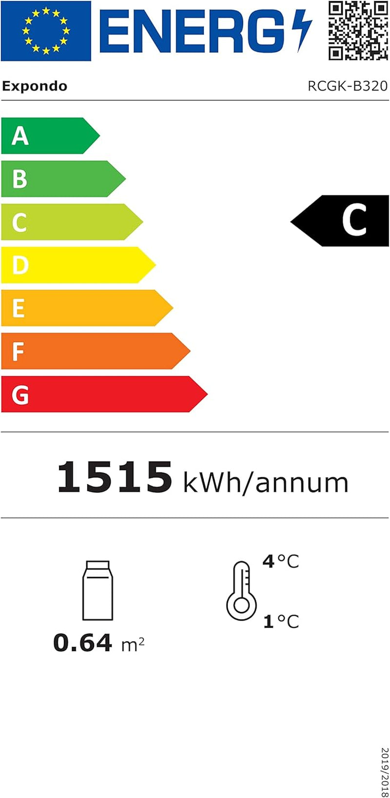 Frigo À Boissons Réfrigérateur Bar Vitrine RCGK-W320 (Cadre Noir, 320 Litres, 210 Watts, Jusqu'À 228 Cannettes, 4 Tablettes Réglables)
