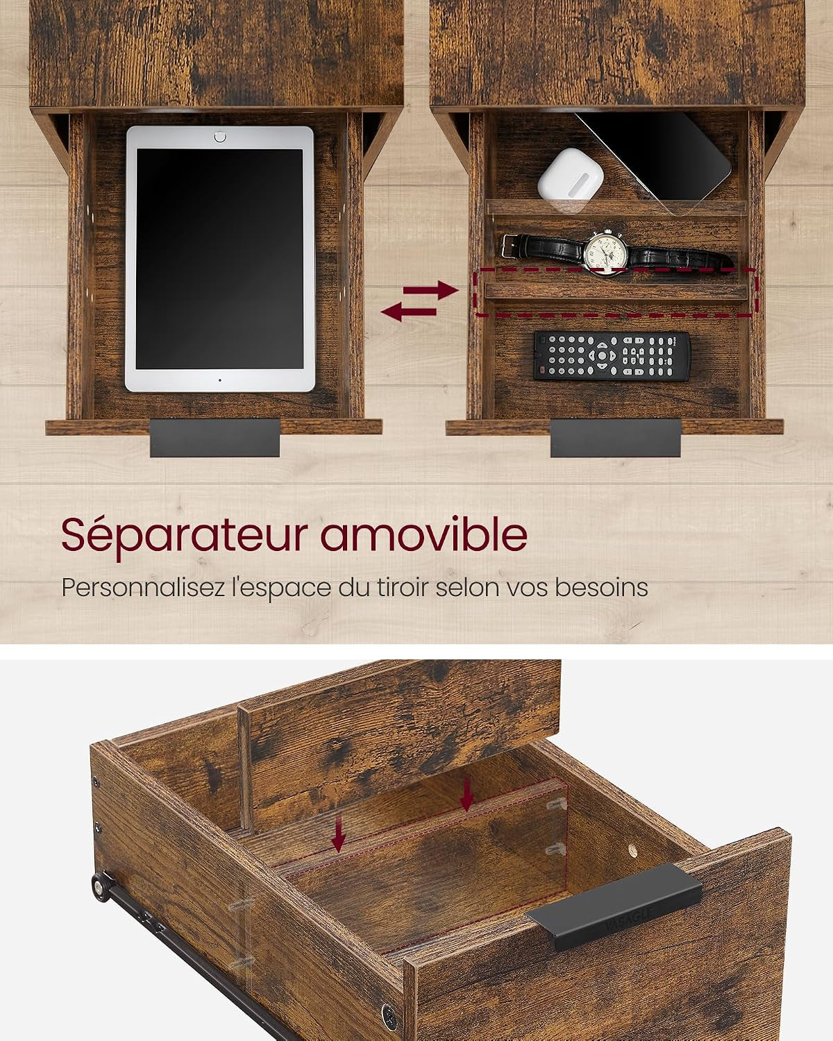 Table D’Appoint Avec Multiprise, Petite Et Fine Avec 2 Tiroirs, Table De Chevet Avec Rangement, Pour Salon, Chambre, Marron Rustique Et Noir D'Encre LET325B01