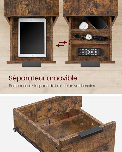 Table D’Appoint Avec Multiprise, Petite Et Fine Avec 2 Tiroirs, Table De Chevet Avec Rangement, Pour Salon, Chambre, Marron Rustique Et Noir D'Encre LET325B01