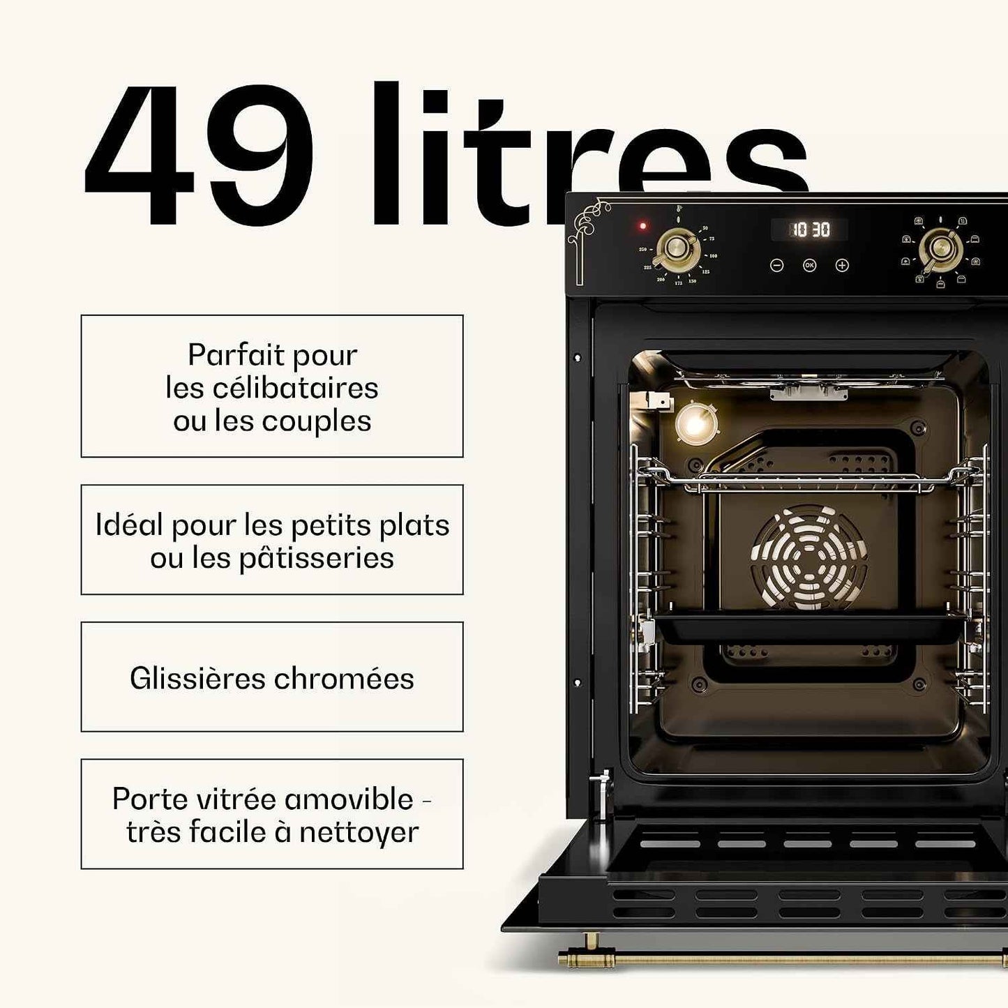 Klarstein Elizabeth Slim Four Encastrable 45 Cm - 49 L, 9 Fonctions, Minuterie Numérique, Nettoyage Vapeur, Gril Ventilé, Classe Énergétique A, Verre Trempé Noir