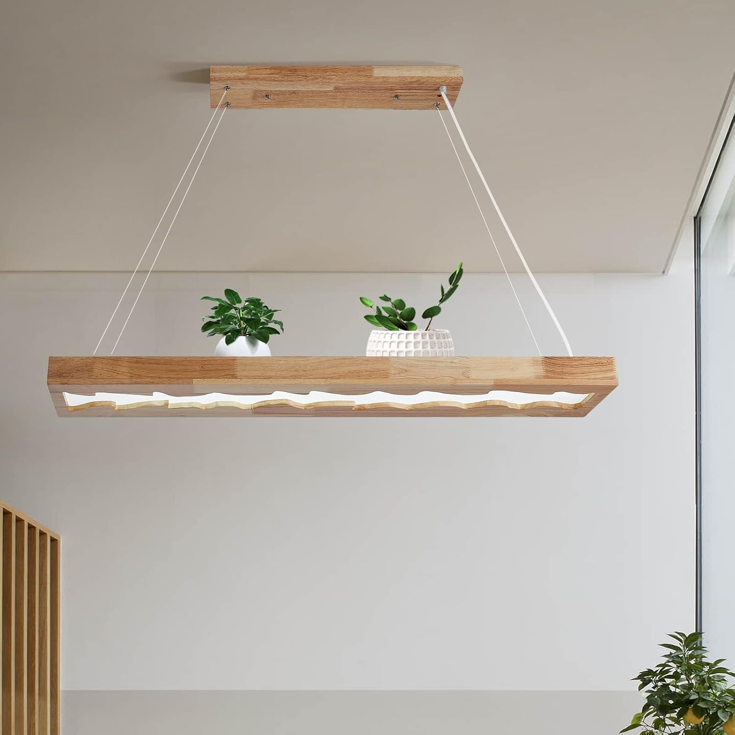Suspension En Bois À Led, Lampe À Suspension Rustique En Bois À Intensité Variable Pour Table À Manger, Hauteur Réglable, 40W, 100 CM