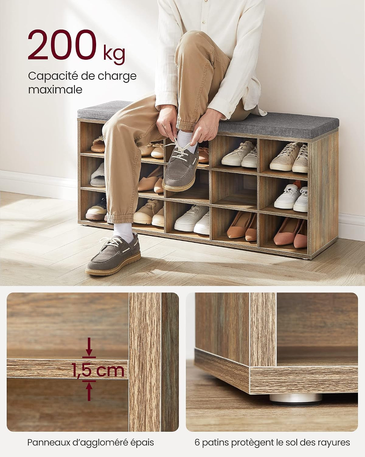 Banc À Chaussures, Organiseur De Chaussures Avec 15 Compartiments, Siège Rembourré, Pour Entrée, Couloir, Placard, Marron Turquoise Et Gris Tourterelle LHS015T60