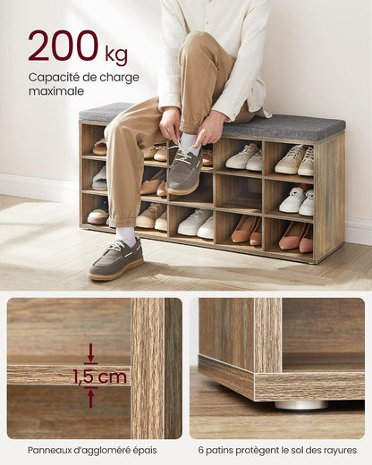 Banc À Chaussures, Organiseur De Chaussures Avec 15 Compartiments, Siège Rembourré, Pour Entrée, Couloir, Placard, Marron Turquoise Et Gris Tourterelle LHS015T60