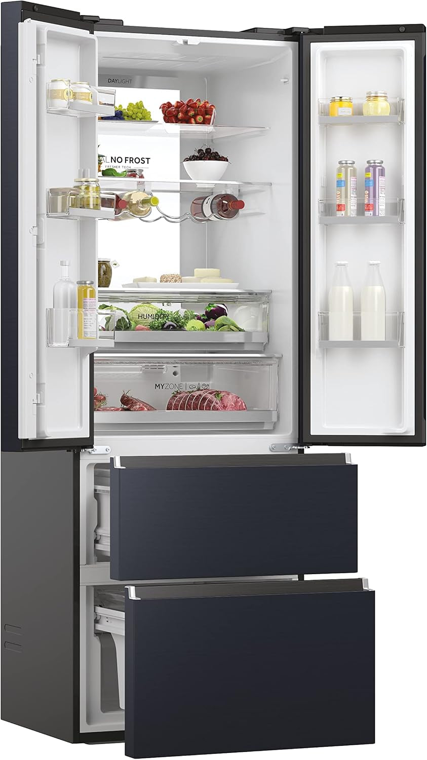 HFW7720ENMB Réfrigérateur Combiné - Pose Libre, 477L, 4 Portes, My Zone Plus, Humidity Zone, Smart Home (Wi-Fi), Noir, Classe E