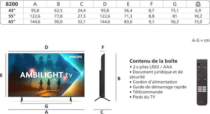 Philips Ambilight 65PUS8200 4K LED Smart TV - Écran 65 Pouces Avec Plateforme Pixel Precise Ultra HD, Titan OS Et Son Dolby Atmos, Compatible Alexa Et Assistant Vocal Google