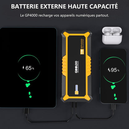 GP4000 Booster Batterie 4000A,12V Jump Starter | Démarreur Voiture Portable, Tous Essences 10L Diesel, Pinces Intelligentes Supersafe, Lampe LED, Charge Rapide QC3.0