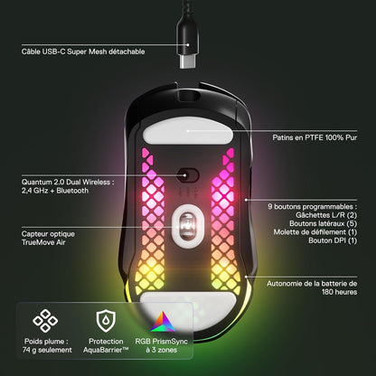 Aerox 5 Wireless - Souris Gaming Perforée RGB - Design Ultra-Léger Et Étanche - 9 Boutons - Bluetooth/2.4 Ghz - Capteur Optique Truemove Air 18K DPI