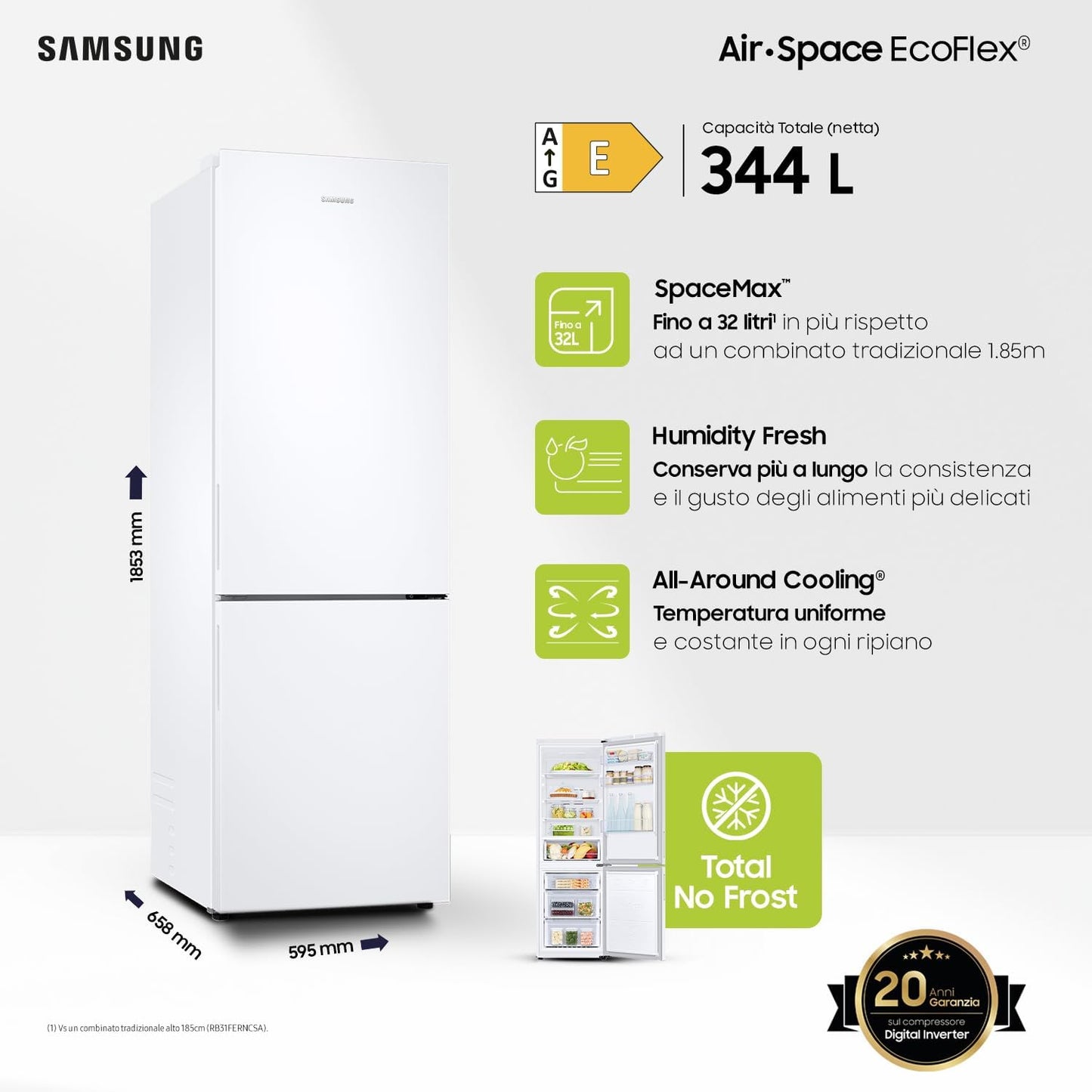 Réfrigérateur Congélateur -  - RB33B610EWW - 344L - 185Cm - E - No Frost - Poignées Int Côté - Blanc