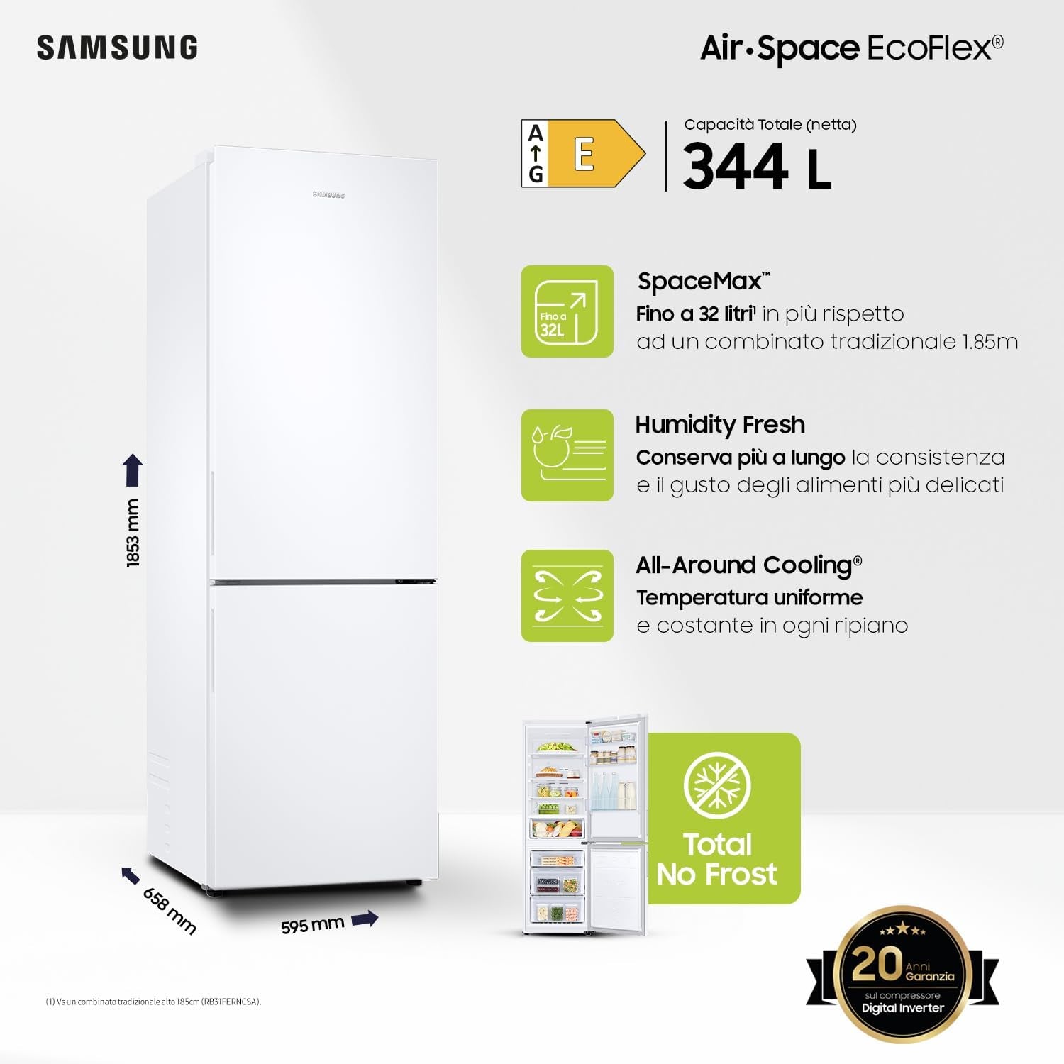 Réfrigérateur Congélateur -  - RB33B610EWW - 344L - 185Cm - E - No Frost - Poignées Int Côté - Blanc