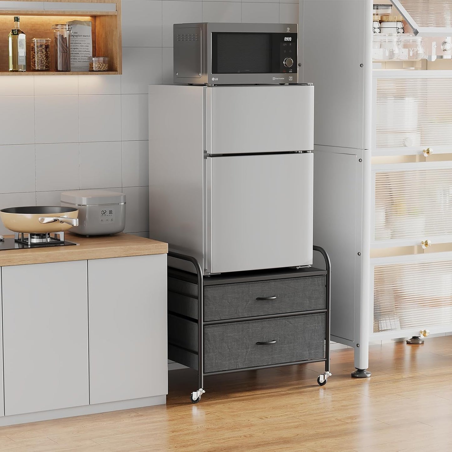 Mini Support De Réfrigérateur Avec Rangement, Mini Table De Réfrigérateur De 54,4 Kg Avec 4 Roues Pivotantes, Chariot De Réfrigérateur Avec Grand Tiroir Pour Dortoir, Maison, Cuisine, Bureau, Dessus