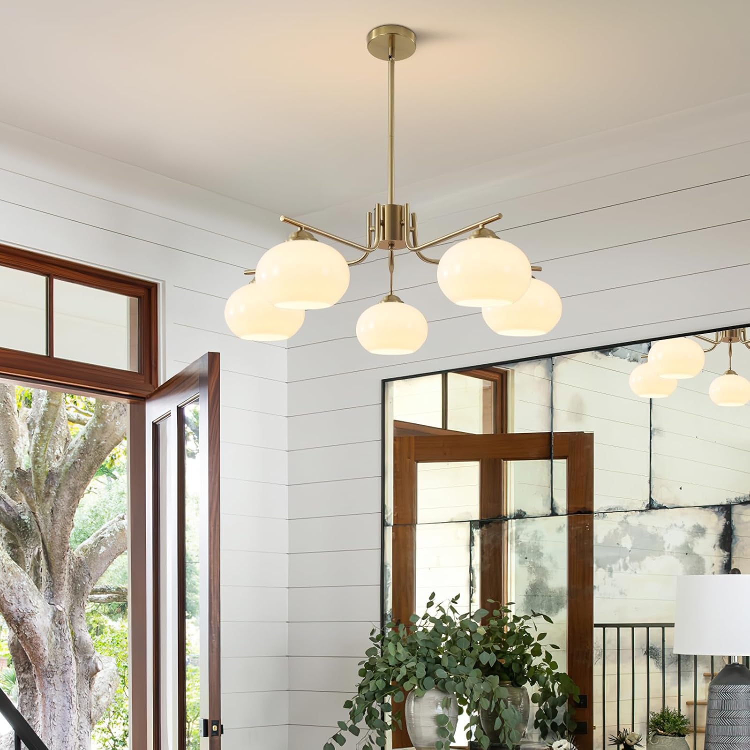 Lighting Lustre À 5 Lumières Globe Flush Mount Sputnik Luminaires Modernes En Suspension En Laiton Doré Appareil D'Éclairage Avec Globe En Verre Laiteux Lustre Pour L'Îlot De Cuisine