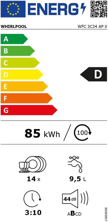 Whirlpool WFC 3C34 AP X, Lave-Vaisselle 60Cm Libre Installation, 14 Places, D