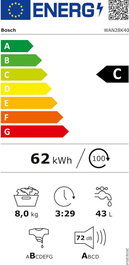 Hausgeräte WAN28K40 Série 4 Machine À Laver, 8 Kg, 1400 Tr/Min, Activewater Plus, Énergie Maximale Et Économie D'Eau, Protection Aquastop Contre Les Dommages Causés Par L'Eau, Moteur Ecosilence
