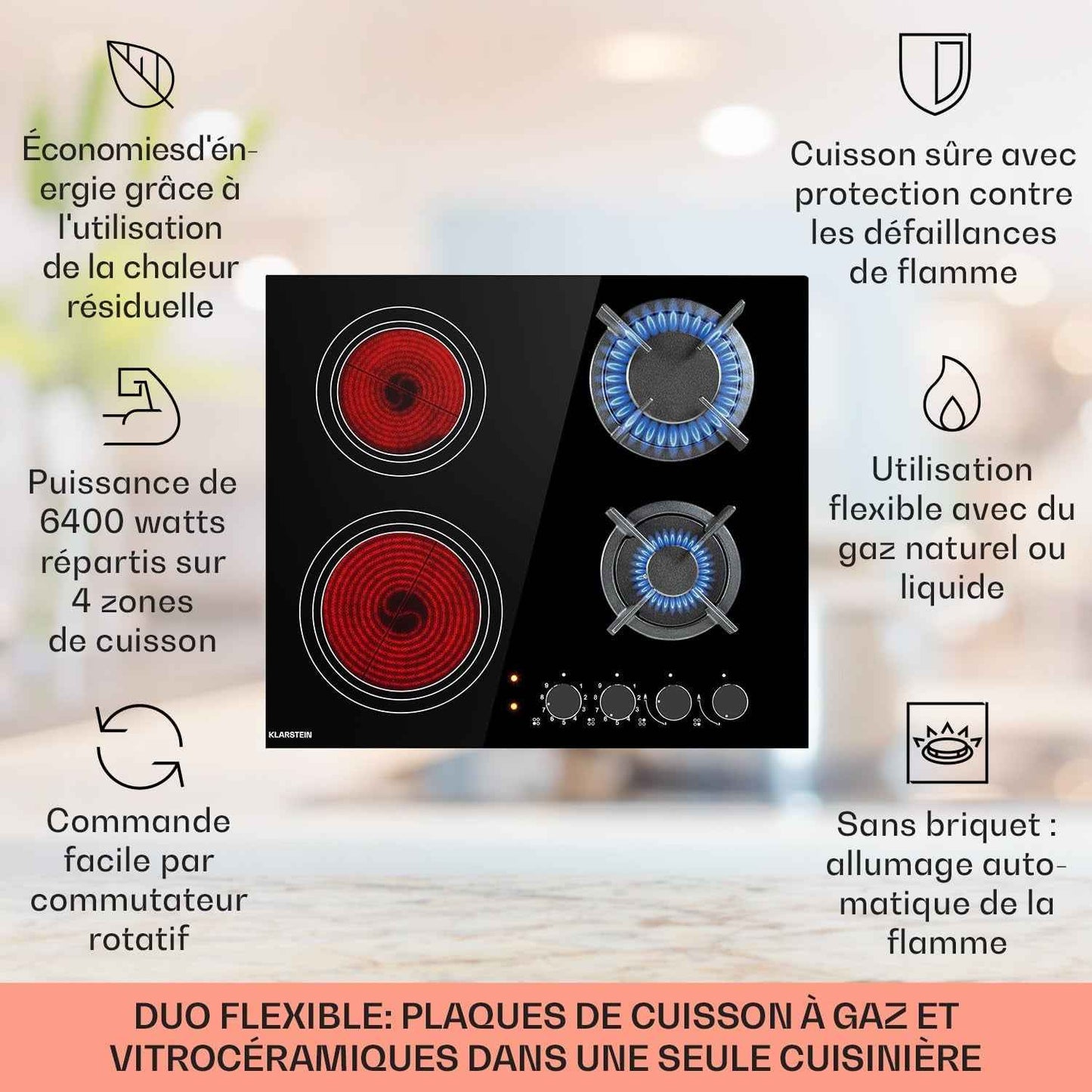 Plaque De Cuisson Gaz Et Vitrocéramique 4 Feux, Table De Cuisson À Gaz, Plaque Et Vitro De 6.4Kw En Acier Inoxydable, De Vitroceramique Encastrable, Mixte