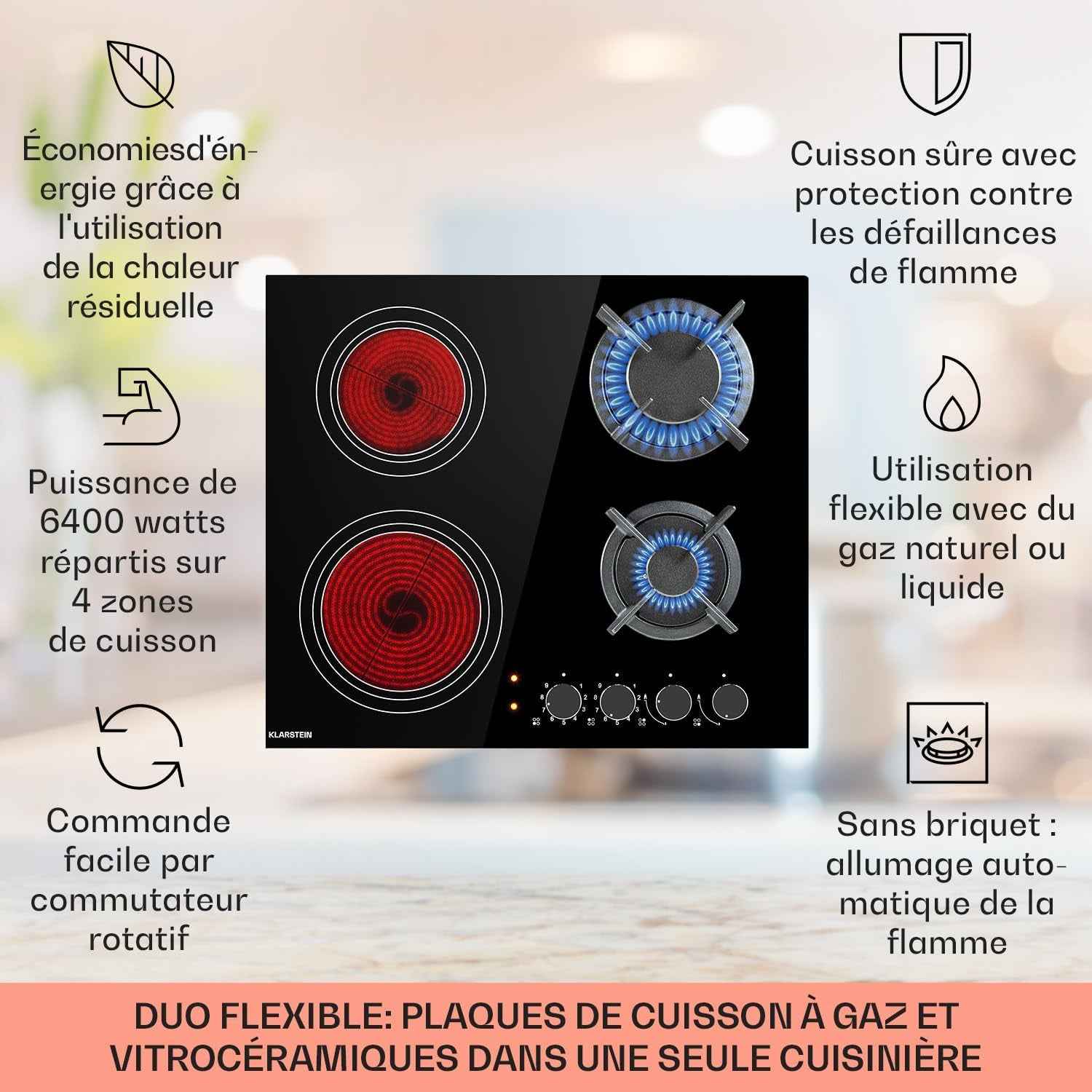Plaque De Cuisson Gaz Et Vitrocéramique 4 Feux, Table De Cuisson À Gaz, Plaque Et Vitro De 6.4Kw En Acier Inoxydable, De Vitroceramique Encastrable, Mixte