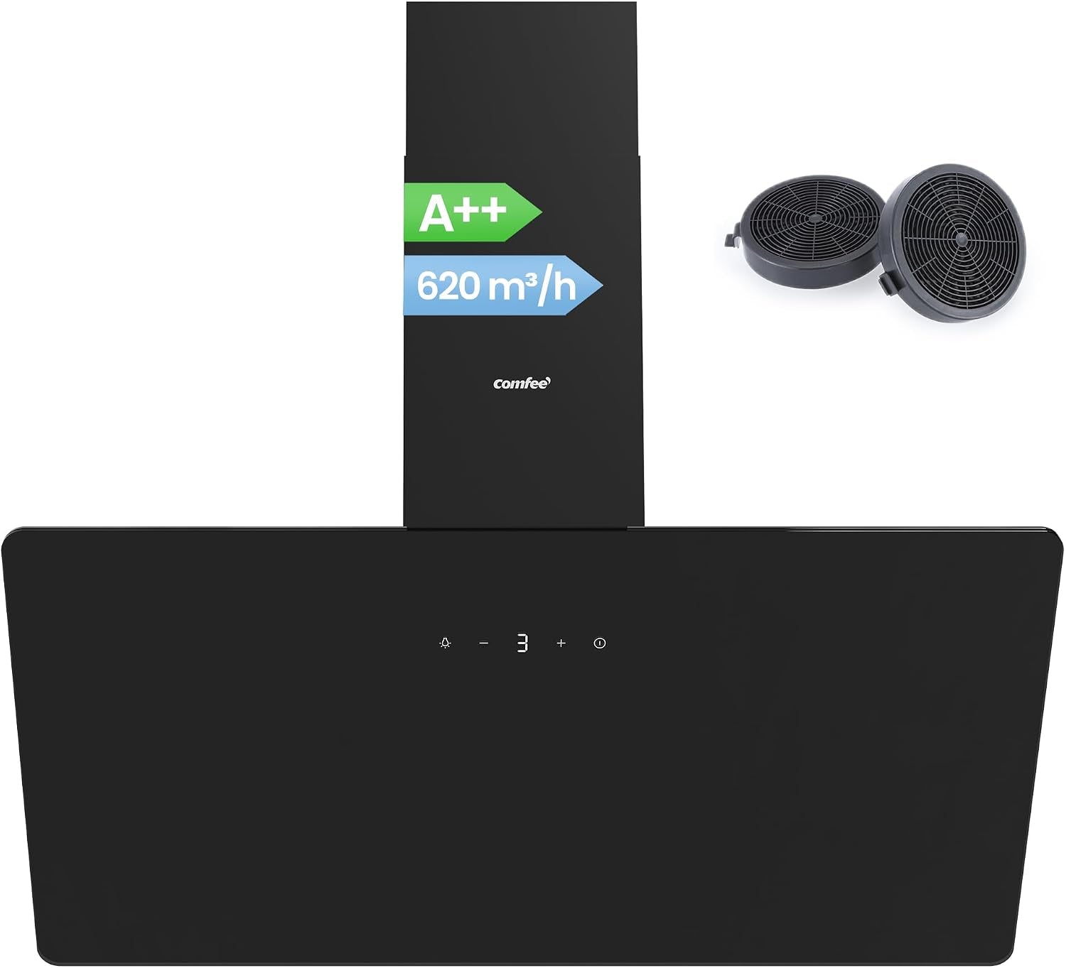 ' CH90J64ET4A2B2-EU Hotte Aspirante Inclinée, 620M³/H, 90Cm, A++ | 59 Db, Commande Tactile, 4 Vitesses, Recirculation Et Évacuation, Filtre Aluminium 5 Couches, LED, Noir, Verre Trempé