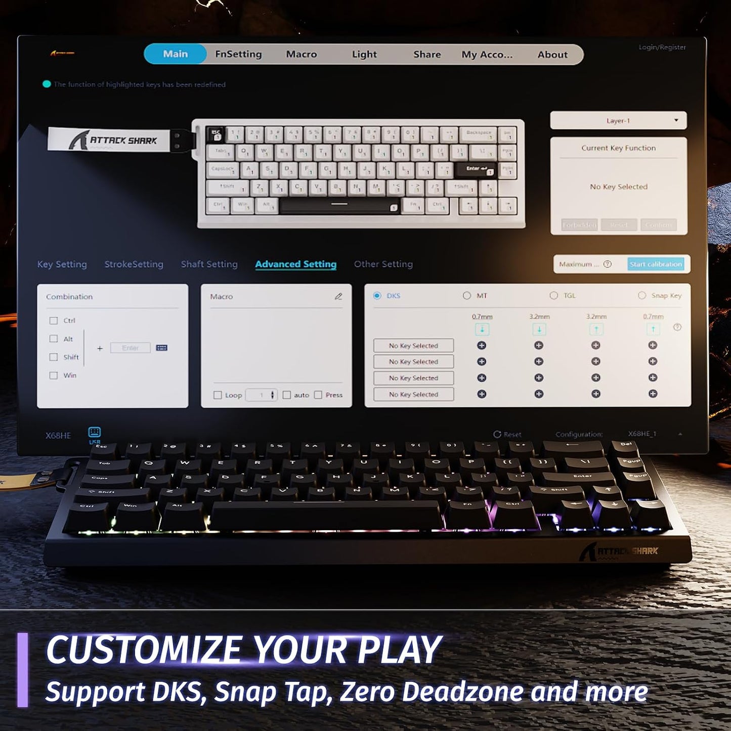 X68 HE Clavier 8000Hz Rapid Trigger, Clavier Gamer Filaire RGB 60% Avec Précision RT De 0,01 Mm Avec Interrupteur Magnétique, Actionnement Réglable, Snap Tap, Pour Pc/Mac, Noir
