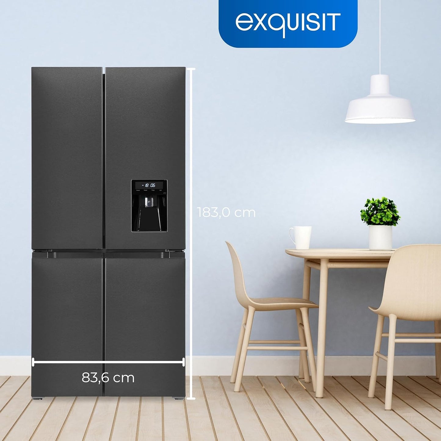 Exquisit MD430-100-WS-200E Stand Kühl-Gefrierkombination, 84Cm Breit, 432 L, Nofrost, Wasserspender, Inoxlook-Az
