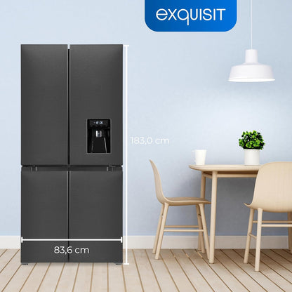 Exquisit MD430-100-WS-200E Stand Kühl-Gefrierkombination, 84Cm Breit, 432 L, Nofrost, Wasserspender, Inoxlook-Az