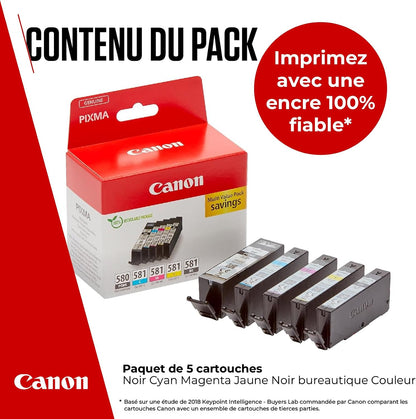 Canon PGI-580 + CLI-581 Multipack Cartouches D'Encre D'Origine | Encre Canon Authentique - Noir Pigmenté plus Noir, Cyan, Magenta Et Jaune - Pour PIXMA TR8550, TR7550, TS6150 Et plus !