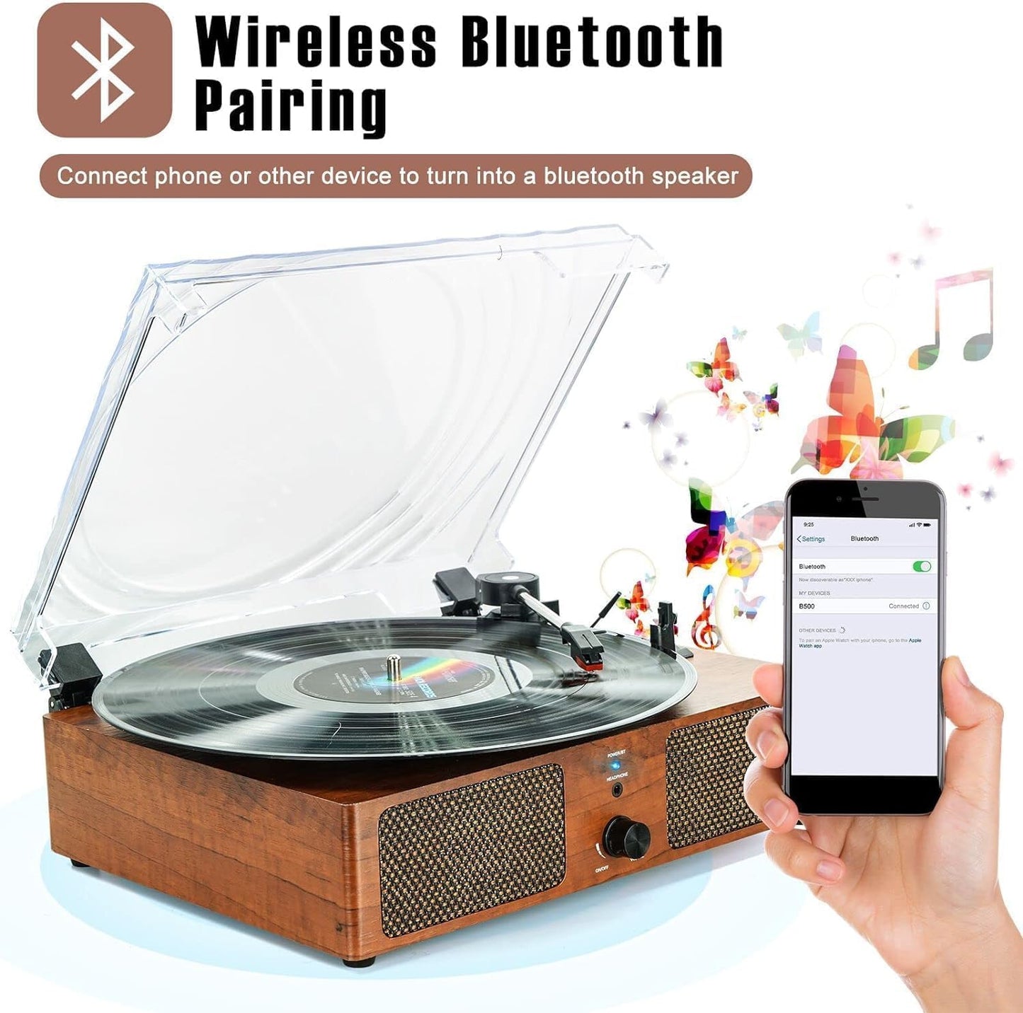 Platine Vinyle Bluetooth, Tourne Disque Avec 2 Haut-Parleurs Stéréo, Trois Vitesse 33/45/78, Prise En Charge De Usb/Aux-In/Sortie Rca,Phonographe Portable Pour Le Divertissement Et La Décoration