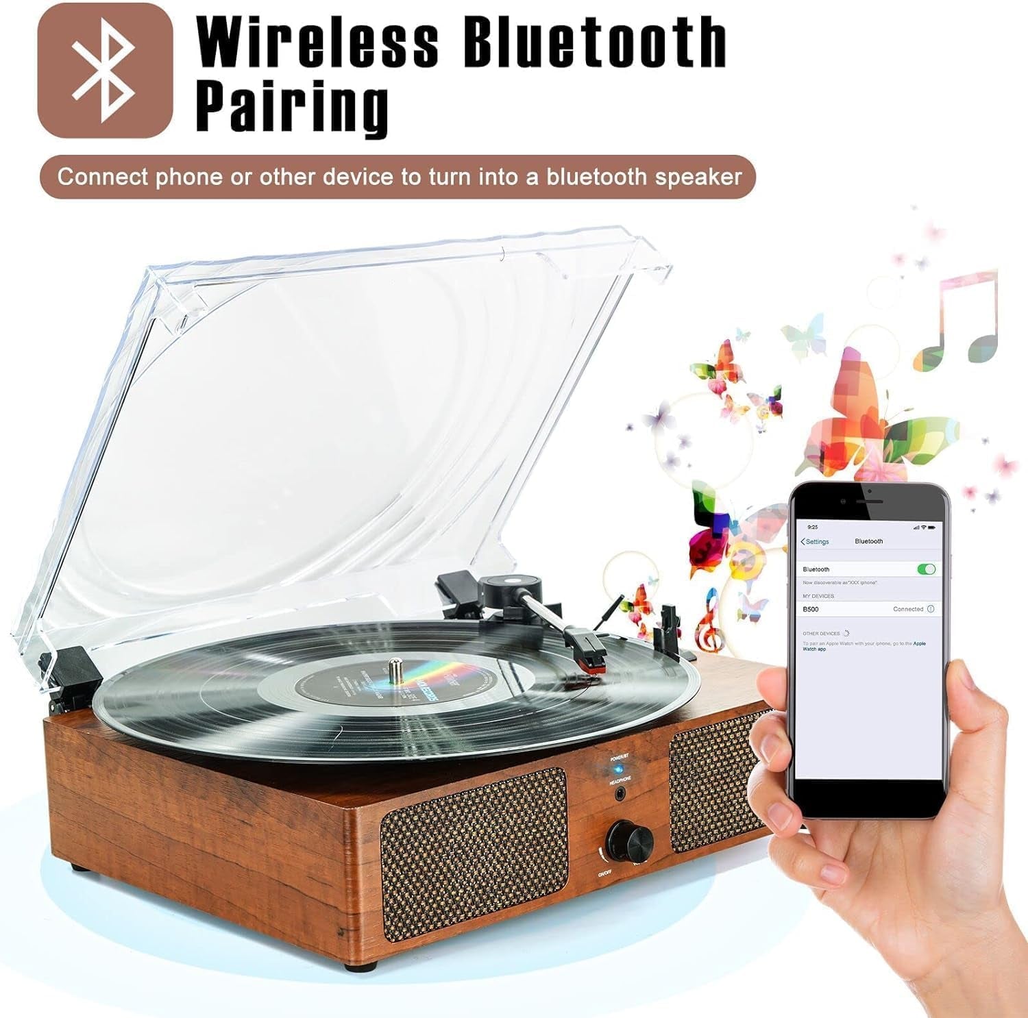 Platine Vinyle Bluetooth, Tourne Disque Avec 2 Haut-Parleurs Stéréo, Trois Vitesse 33/45/78, Prise En Charge De Usb/Aux-In/Sortie Rca,Phonographe Portable Pour Le Divertissement Et La Décoration