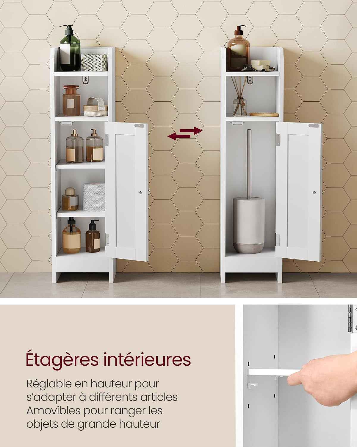 Meuble De Salle De Bain, Armoire D’Angle Avec Porte Et Étagères, Organisateur De Rangement, Meuble Étroit Pour Papier Toilette, Étagères Réglables, 20 X 18 X 80 Cm, Blanc Nuage BBC310W01