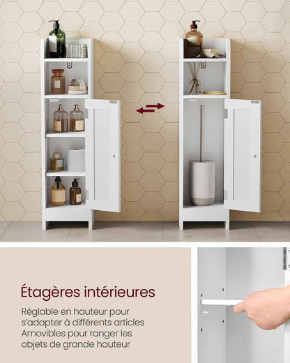 Meuble De Salle De Bain, Armoire D’Angle Avec Porte Et Étagères, Organisateur De Rangement, Meuble Étroit Pour Papier Toilette, Étagères Réglables, 20 X 18 X 80 Cm, Blanc Nuage BBC310W01