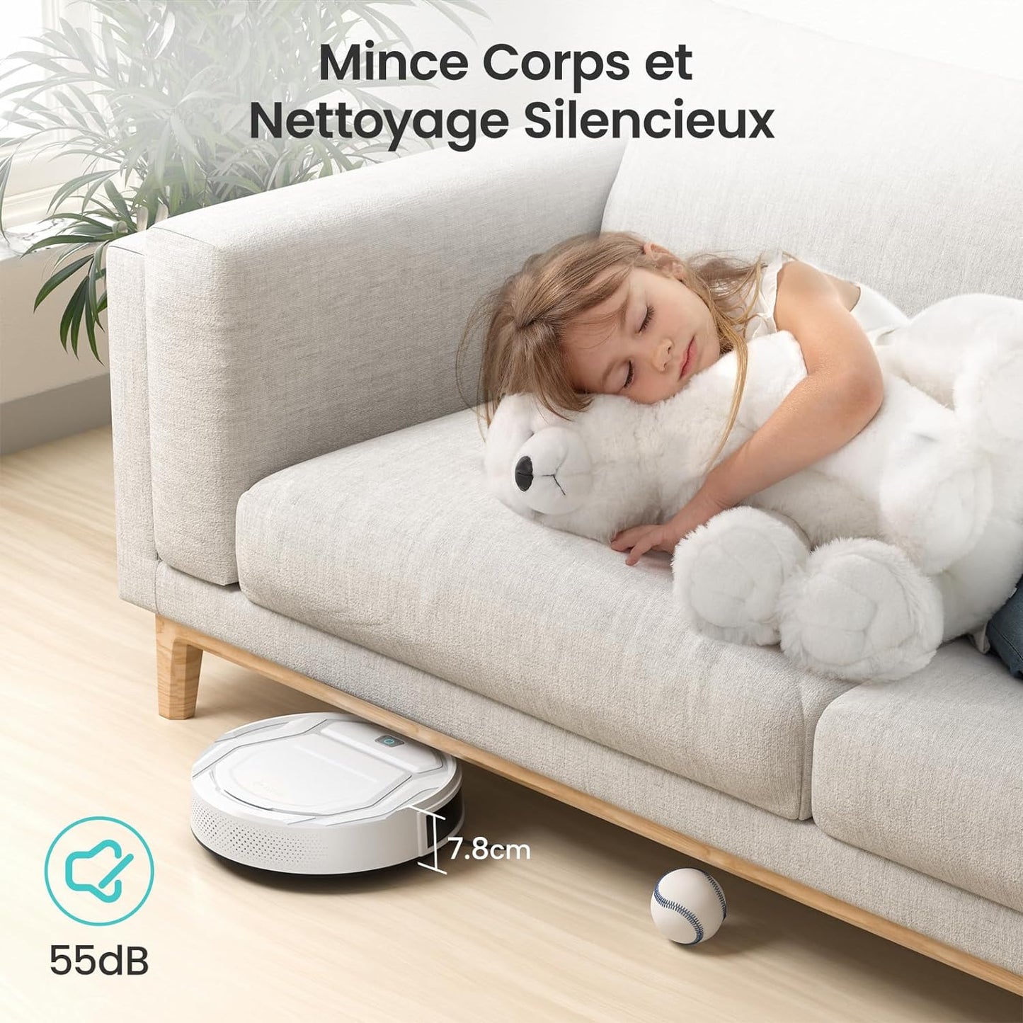 Aspirateur Robot, Robot Aspirateur Autonomie Mince Silencieux, Connecté Avec Wifi/Alexa/App, 3 Modes D'Aspirations, Programmable, Idéal Pour Les Poils D'Animaux Tapis Sols Durs, M210 Blanc