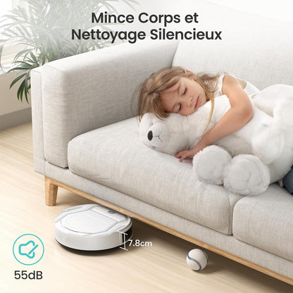 Aspirateur Robot, Robot Aspirateur Autonomie Mince Silencieux, Connecté Avec Wifi/Alexa/App, 3 Modes D'Aspirations, Programmable, Idéal Pour Les Poils D'Animaux Tapis Sols Durs, M210 Blanc