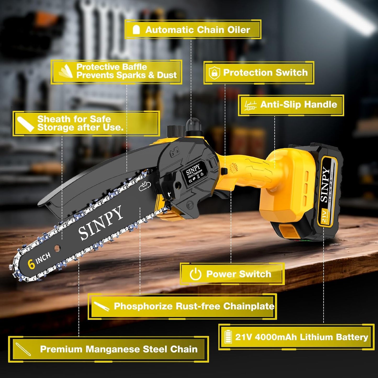 Mini Tronconneuse a Batterie 2X4000Mah, 6 Pouces Tronçonneuse Sur Batterie Elagueuse Thermique Coupe Branche Electrique Petite Tronçonneuse Sans Fil Pour Jardin, 2 Chaînes, 2 Guide-Chaînes
