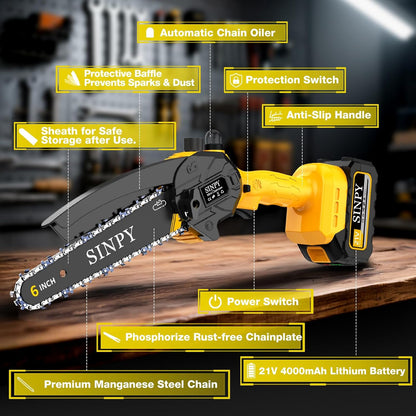 Mini Tronconneuse a Batterie 2X4000Mah, 6 Pouces Tronçonneuse Sur Batterie Elagueuse Thermique Coupe Branche Electrique Petite Tronçonneuse Sans Fil Pour Jardin, 2 Chaînes, 2 Guide-Chaînes