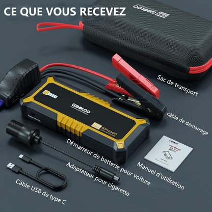 GP4000 Booster Batterie 4000A,12V Jump Starter | Démarreur Voiture Portable, Tous Essences 10L Diesel, Pinces Intelligentes Supersafe, Lampe LED, Charge Rapide QC3.0