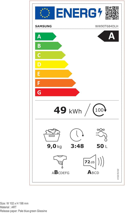 Ai Control Addwash Lave-Linge Avec Échodoseur WW90T684DLH/S3, Libre Installation, 9 Kg, 1400 Tr/Min, Classe A, Wifi, Vapeur, 60 L X 85 H X 55P Cm, Blanc