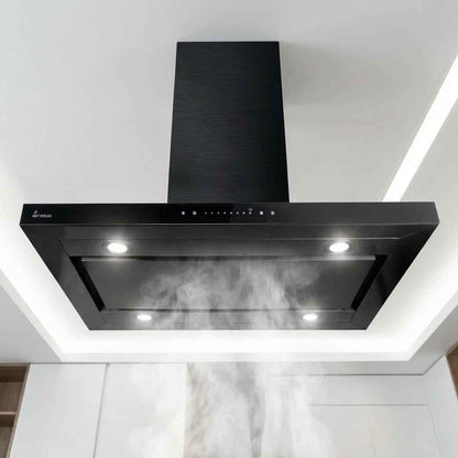 A+++ Hotte 90 Cm 680 M³/H Hotte Îlot Air Évacué Air En Circulation Noir Verre Smart Wifi WLAN App Naloopautomatique Sensortouch Avec Filtre À Charbon FLAT-EILAND-6S