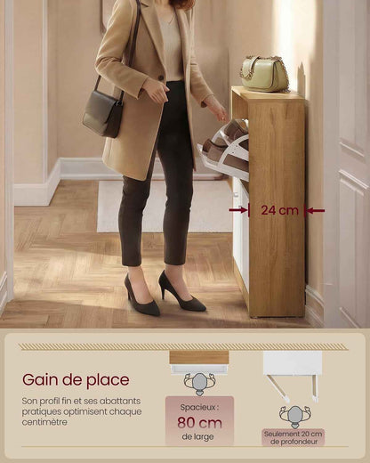 Custos Collection - Meuble À Chaussures À 3 Abattants, Placard De Rangement À 3 Niveaux, 3 Compartiments, Pour Entrée, Salon, Chambre, Doré Chêne LBC035YA01